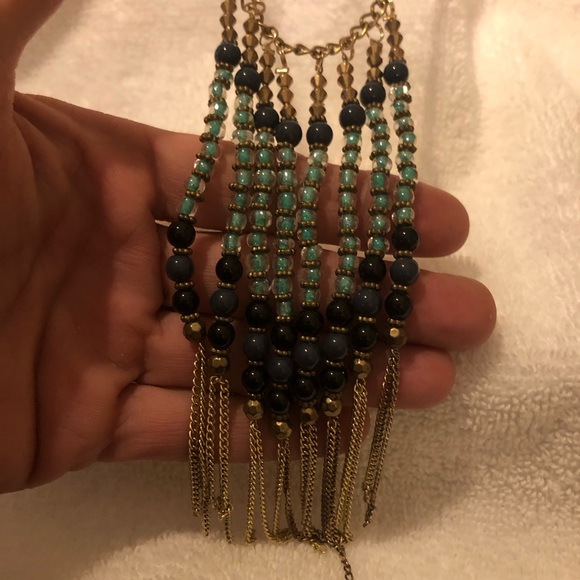 Navy And Light Blue Glass Beaded Dangle Fringe Gold Tone Vintage Necklace - Picture 4 of 8